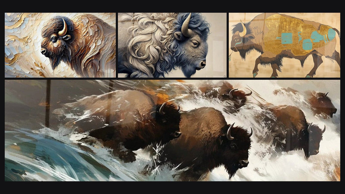 Mosaïque de quatre tableaux, dont Le Sage des Montagnes, Le Roi des Plaines et Bison Mémoire sacrée