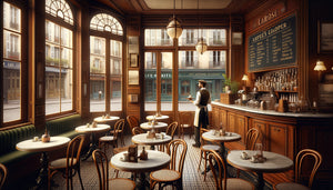 Peinture vintage d'un bistrot parisien des années 1920, scène de café authentique avec tables en marbre et chaises Thonet, ambiance Belle Époque