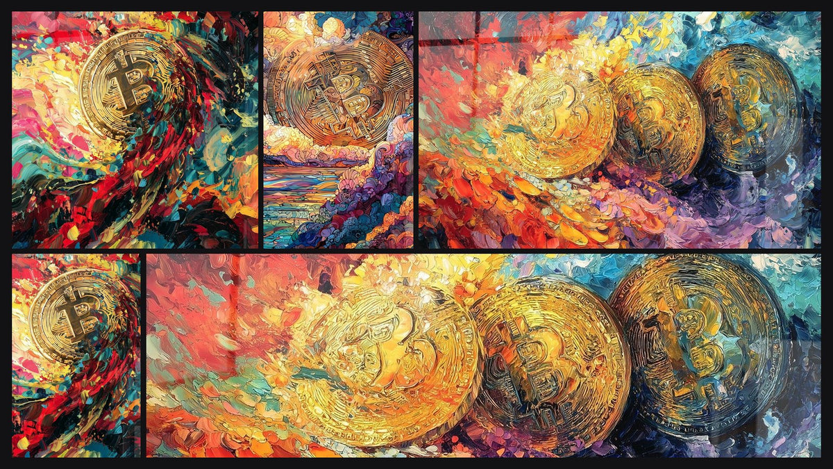 Mosaïque de cinq tableaux, dont Pièce dorée tourbillon rouge et turquoise et Pièce dorée émergeant d'un ciel violet