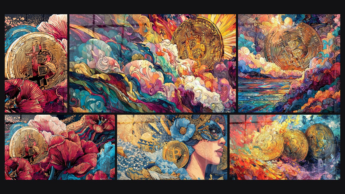 Mosaïque de six tableaux, dont Pièce dorée aux pétales fuchsia et Portrait masqué doré et bleu