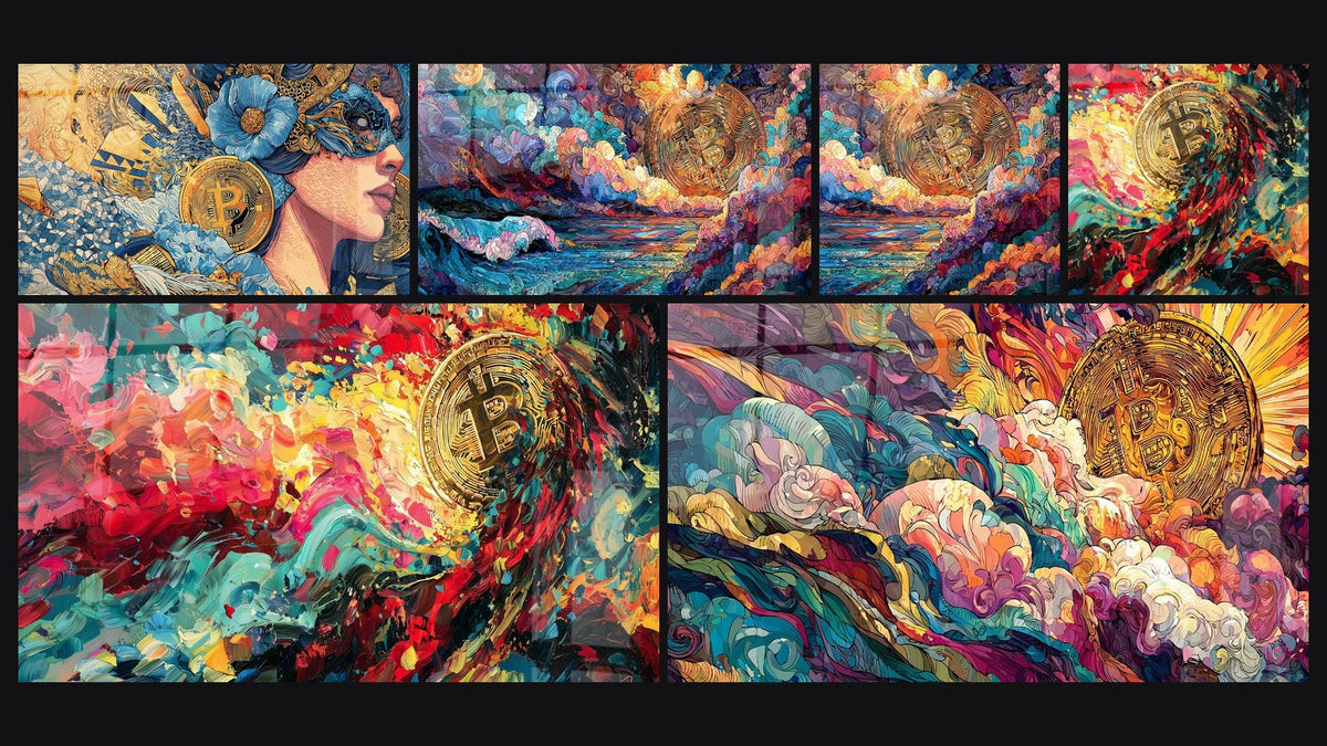 Mosaïque de six tableaux, dont Portrait masqué doré et bleu et Vague océane dorée et turquoise