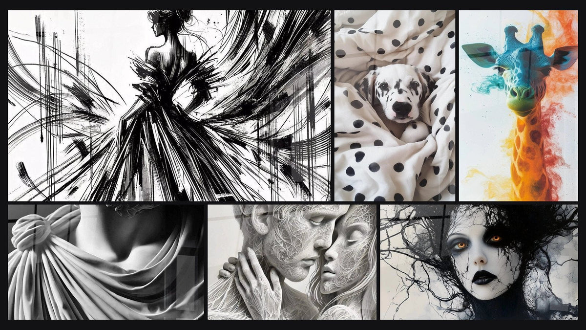 Mosaïque de six tableaux, dont La Force du Mouvement, Marbre et fluidité et Dalmatien N°5