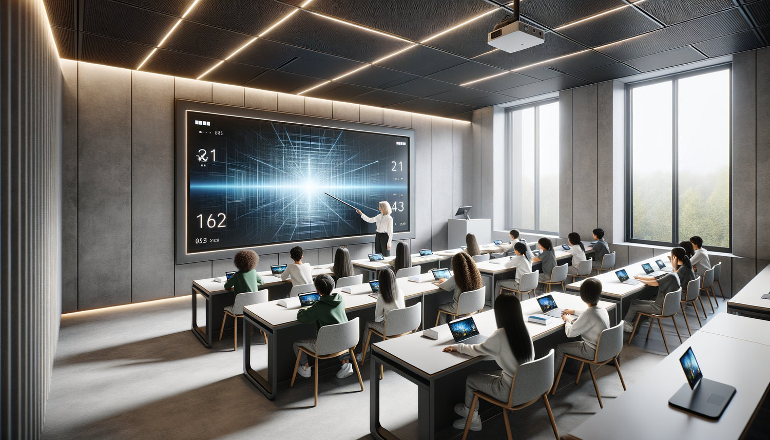 Classe moderne avec tableau blanc interactif et peinture mate anti-reflet éliminant les reflets parasites