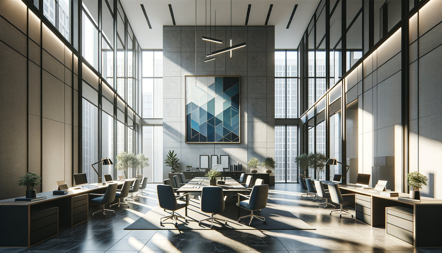 Bureau de cabinet juridique moderne avec tableau abstrait aux tons bleus et gris dominants, ambiance professionnelle et rassurante