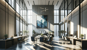 Bureau de cabinet juridique moderne avec tableau abstrait aux tons bleus et gris dominants, ambiance professionnelle et rassurante