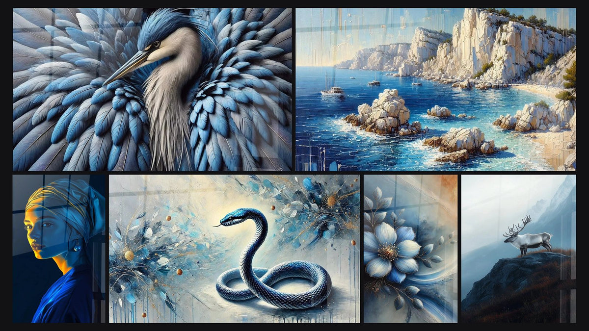 Mosaïque de six tableaux, dont Bleu Royal, Rêverie Côtière et Bleu Éternel