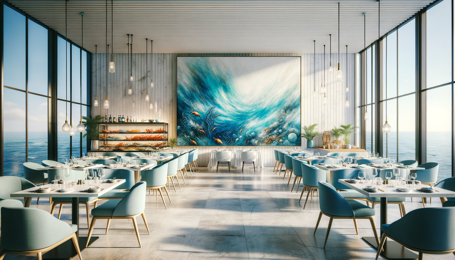 Restaurant de fruits de mer contemporain avec grand tableau abstrait à dominante bleue évoquant l'océan sur le mur principal