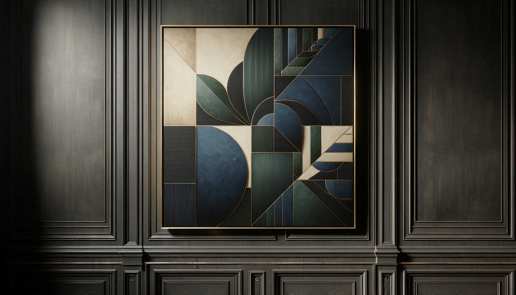 Tableau abstrait aux tons bleu profond, vert forestier et gris anthracite dans cabinet notarial professionnel