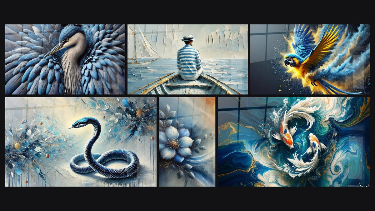 Mosaïque de six tableaux, dont Bleu Royal, Bleu Éternel et Bleu de Minuit