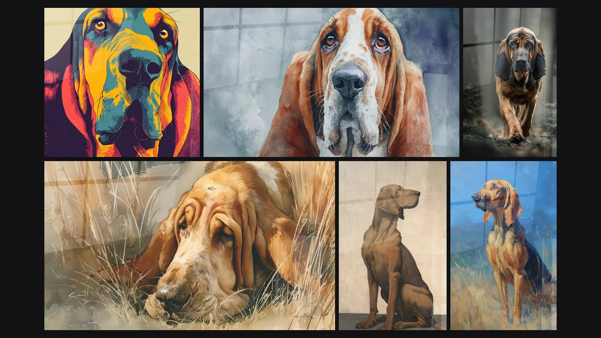 Mosaïque de six tableaux, dont Portrait de Chien aux Couleurs Vibrantes et Chien aux Yeux Mélancoliques sous la Pluie