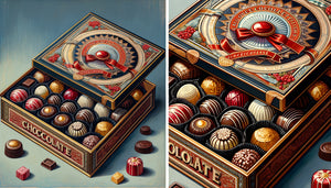 Tableau Pop Art d'une boîte de chocolats vintage style années 60, couleurs vives, esthétique Warhol, imagerie commerciale transformée en œuvre décorative