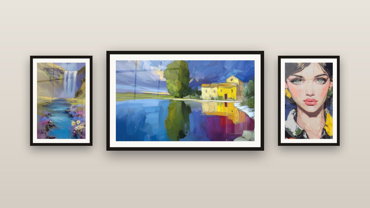 Gallery wall with three framed paintings: Beautiful Spontaneous Portrait, Impressionist Cascade and Crystal Clear Lake