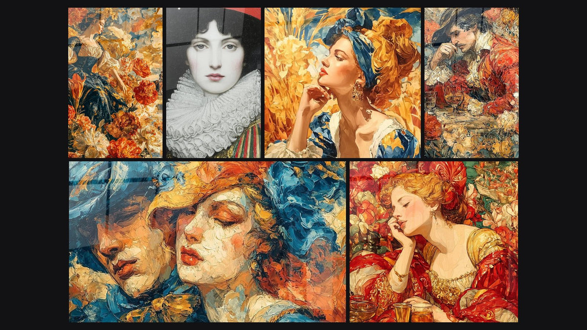 Mosaic of six paintings, including Woman with Flowers Passion Incarnate, Woman White Collar and Couple Perfect Model
