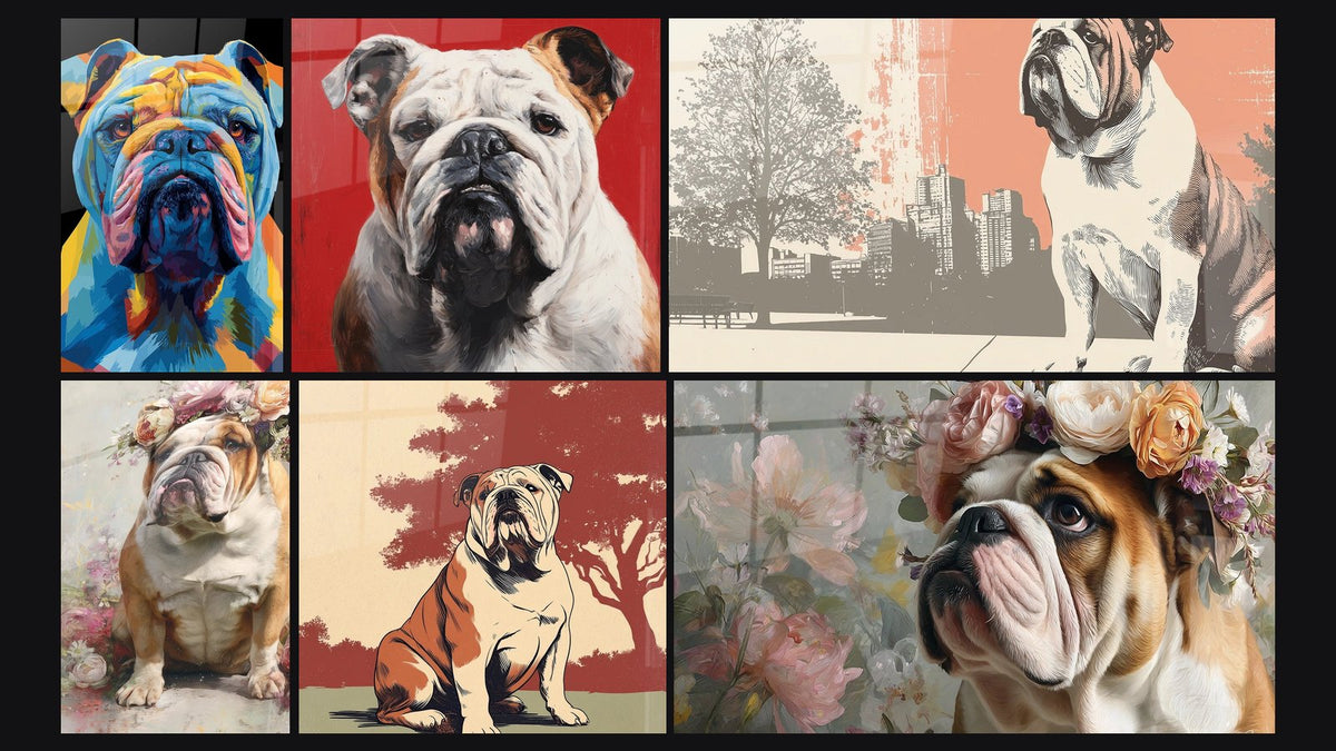 Mosaic of six paintings, including English Bulldog with Flower Crown Portrait