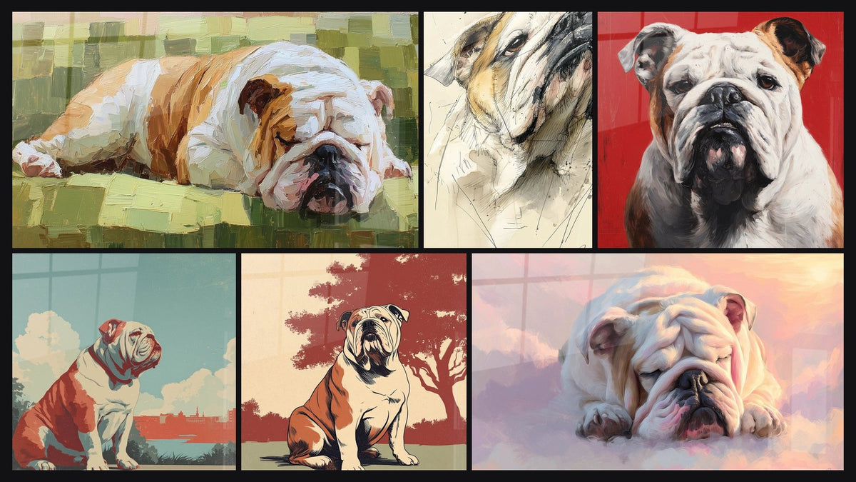 Mosaïque de six tableaux, dont Bouledogue Portrait Artistique Tons Rouges