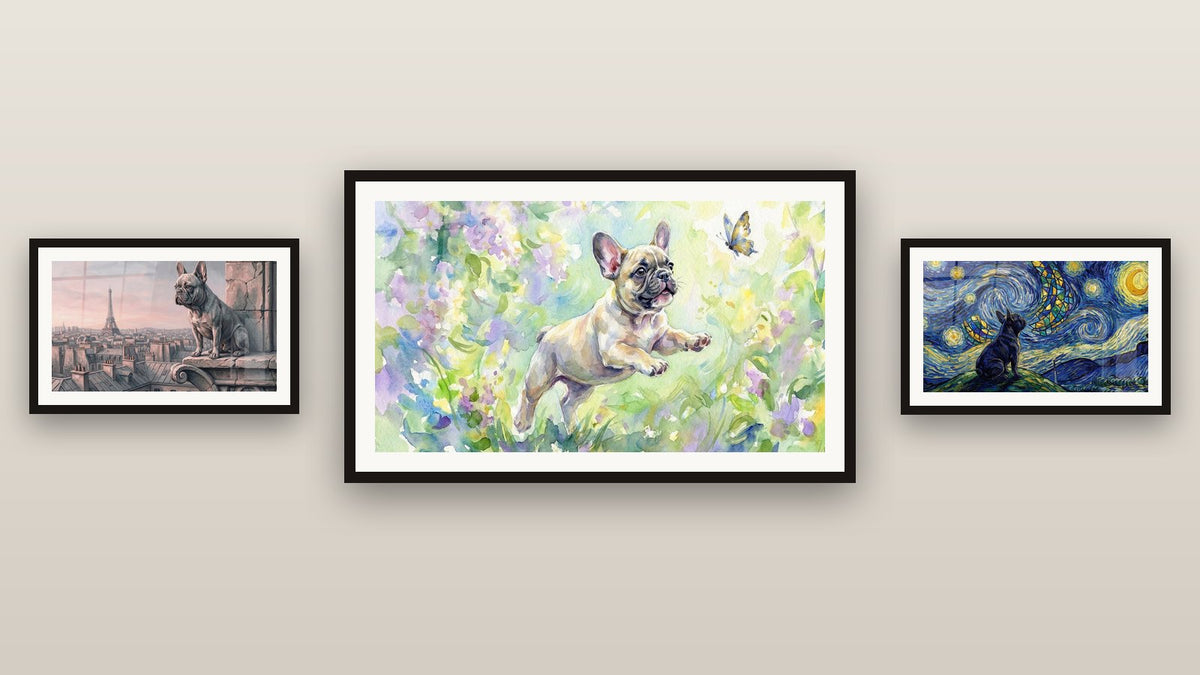 Mur de galerie avec trois tableaux encadrés, dont Bouledogue Français sur Balcon Parisien
