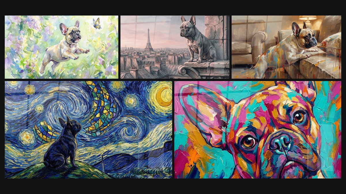 Mosaïque de cinq tableaux, dont Bouledogue Français sur Balcon Parisien
