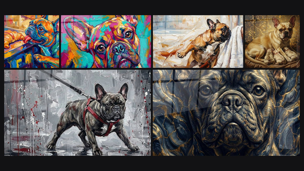 Mosaïque de six tableaux, dont Bouledogue Français Portrait Marbré Doré