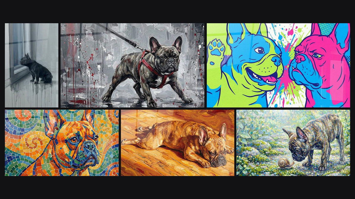 Mosaïque de six tableaux, dont Bouledogue Français Mosaïque Colorée et Duo de Bouledogues Pop Art Bleu et Rose