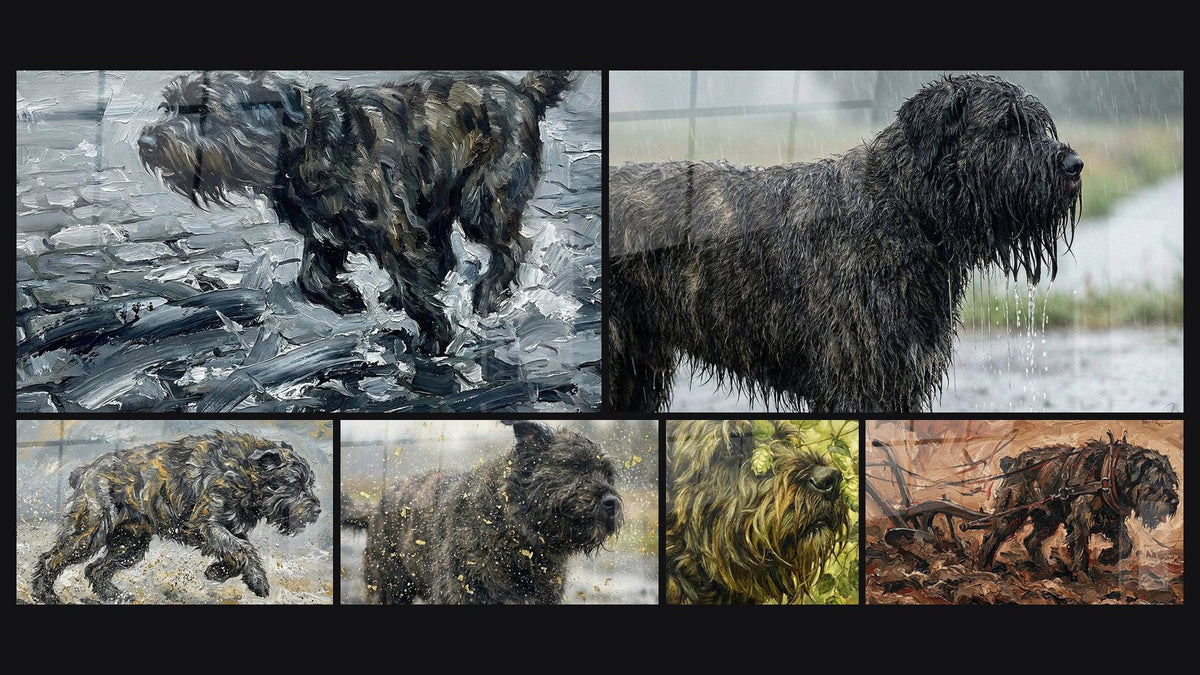 Mosaïque de six tableaux, dont Chien aux Tons Gris dans l'Eau, Chien Trempé sous la Pluie et Chien Mouillé aux Éclats Dorés