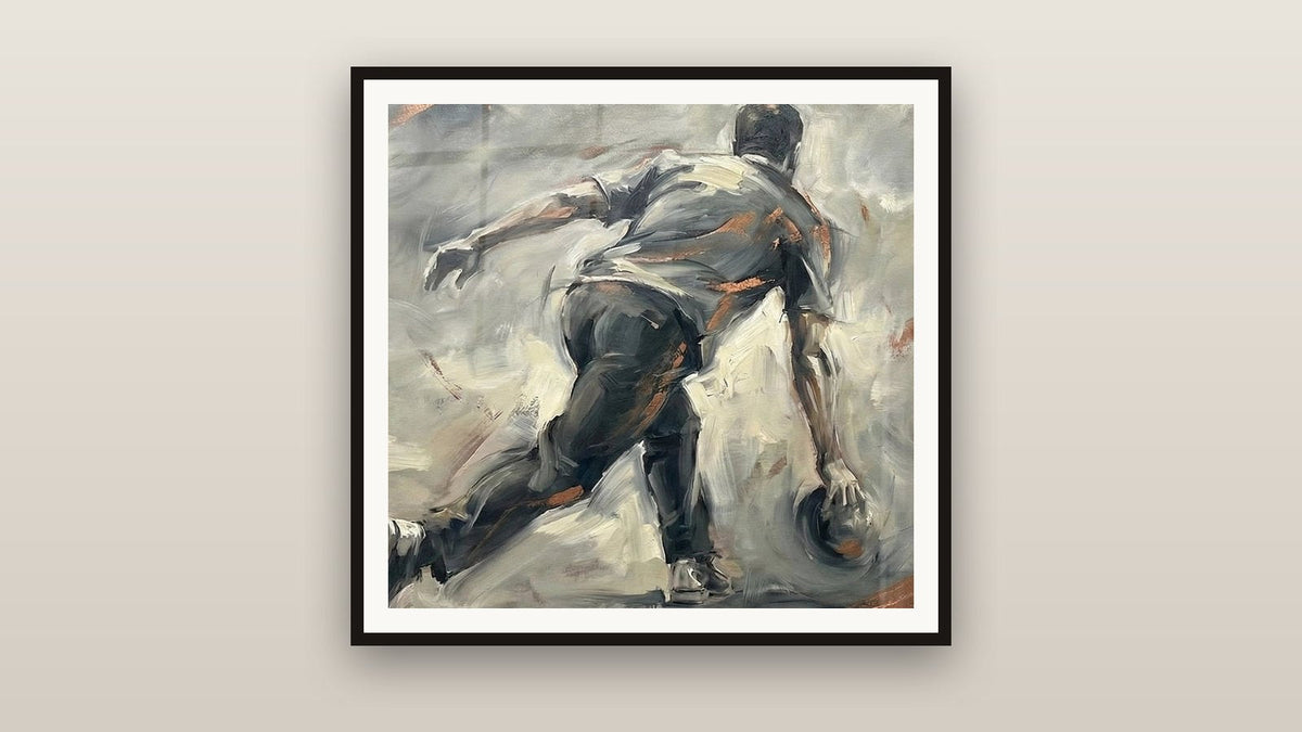 Ingelijst schilderij aan een muur: Bowling Speler Actie