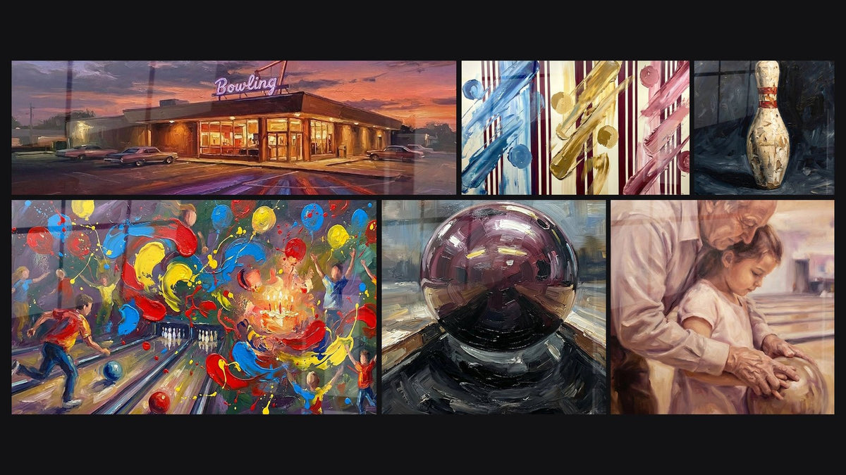 Mosaïque de six tableaux, dont Bowling Américain Vintage, Quilles Bowling Colorées et Bowling Explosion Artistique