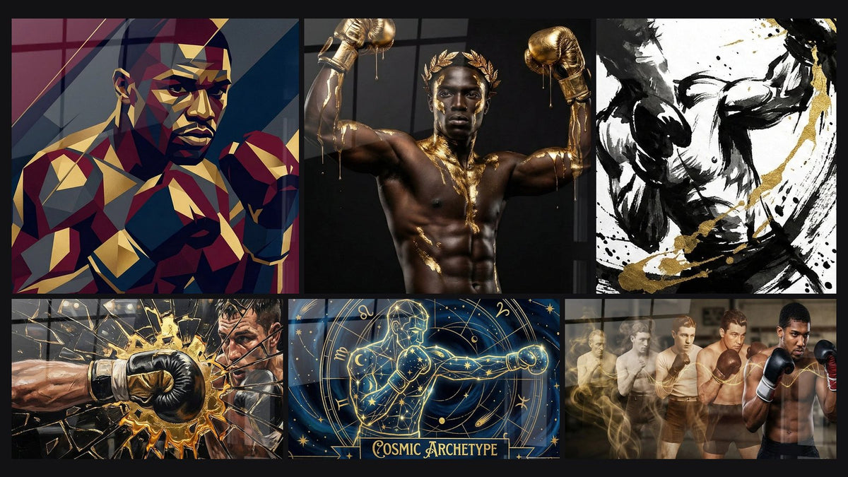 Mosaico de seis cuadros, entre ellos Boxeador Retrato Geométrico, Boxeador Campeón y Boxeador Guante de Boxeo Explosivo