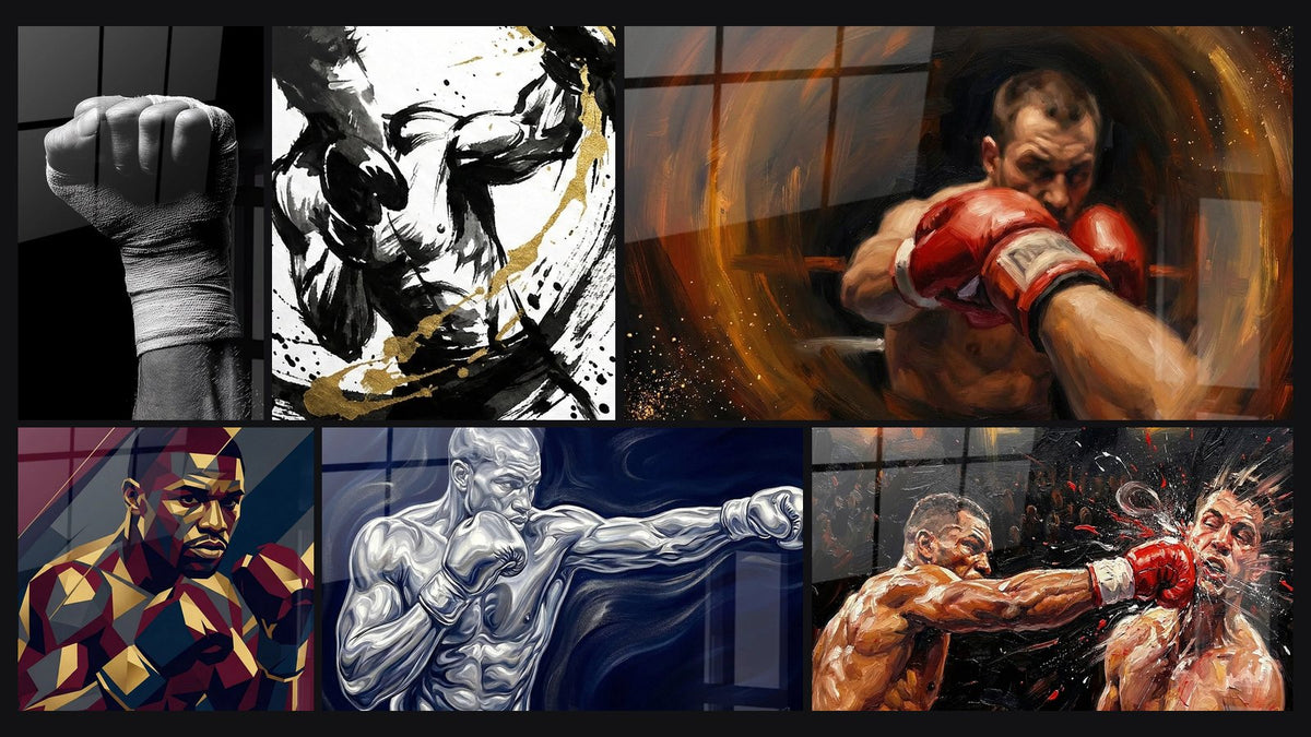 Mosaïque de six tableaux, dont Poing Boxe, Boxeur Combat et Boxeur en Action