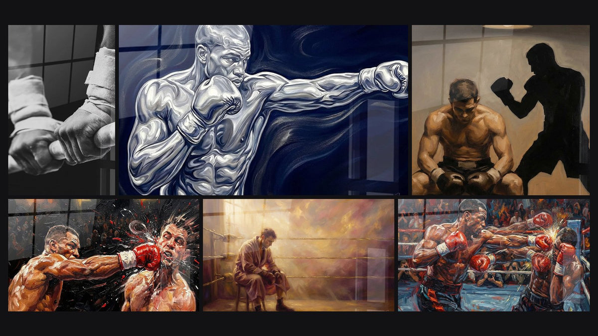 Mosaico di sei quadri, tra cui Benda per le mani per boxe, Boxeur Professionista e Combattimento di Pugilato