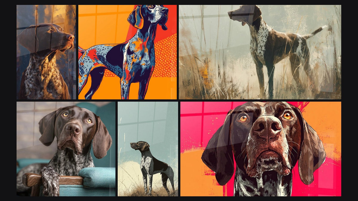 Mosaïque de six tableaux, dont Braque Allemand Portrait Orange et Rouge et Chien de Chasse en Arrêt dans les Herbes
