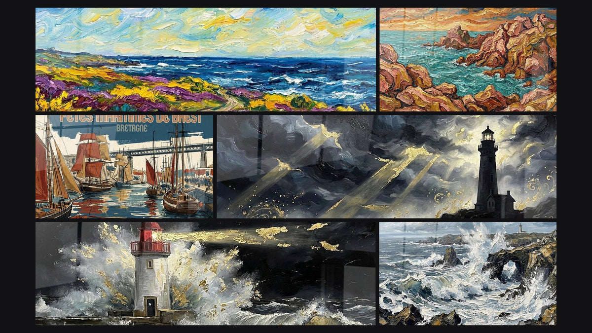 Mosaico di sei quadri, tra cui Costa Selvaggia Bretone, Costa Rocciosa Bretone e Feste Marittime di Brest