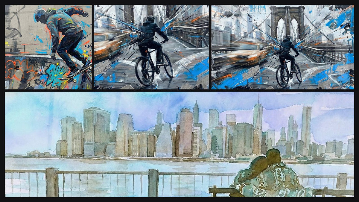 Mosaïque de quatre tableaux, dont Graffeur en Action Multicolore