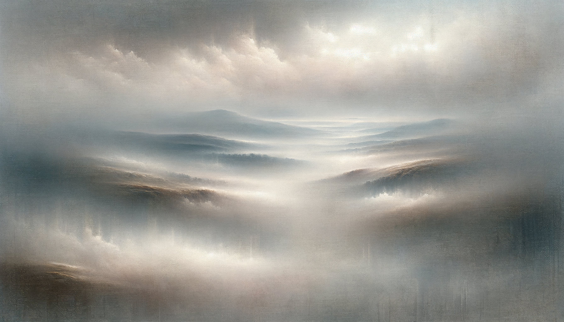 Peinture atmosphérique de brume éthérée aux tons doux, créant profondeur et sérénité par couches vaporeuses
