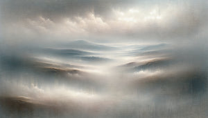 Peinture atmosphérique de brume éthérée aux tons doux, créant profondeur et sérénité par couches vaporeuses