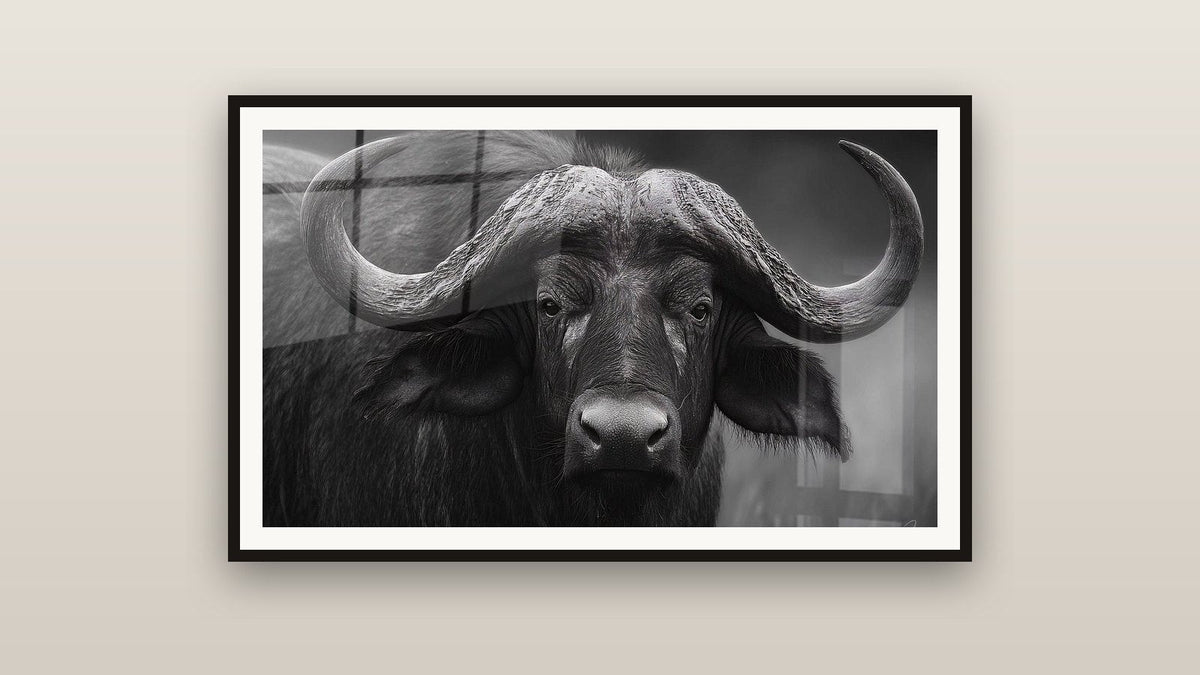 Tableau encadré sur un mur : Buffle noir et blanc portrait