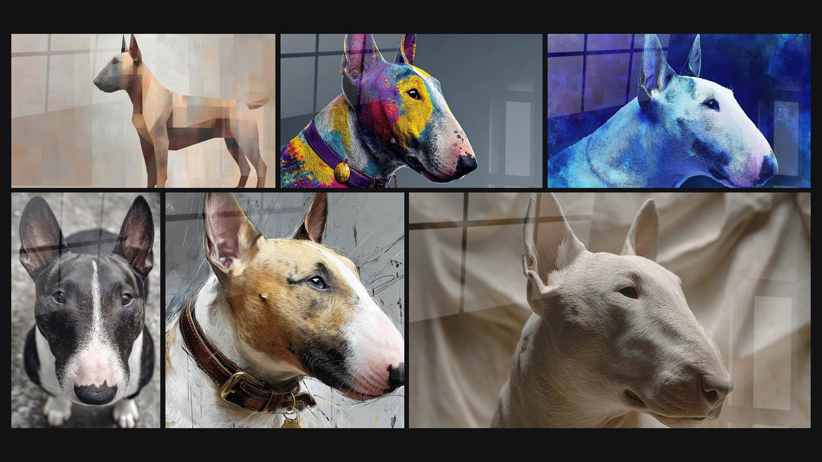 Mosaico di sei quadri, tra cui Cane Geometrico Beige e Marrone e Bull Terrier Multicolore con Collare Viola