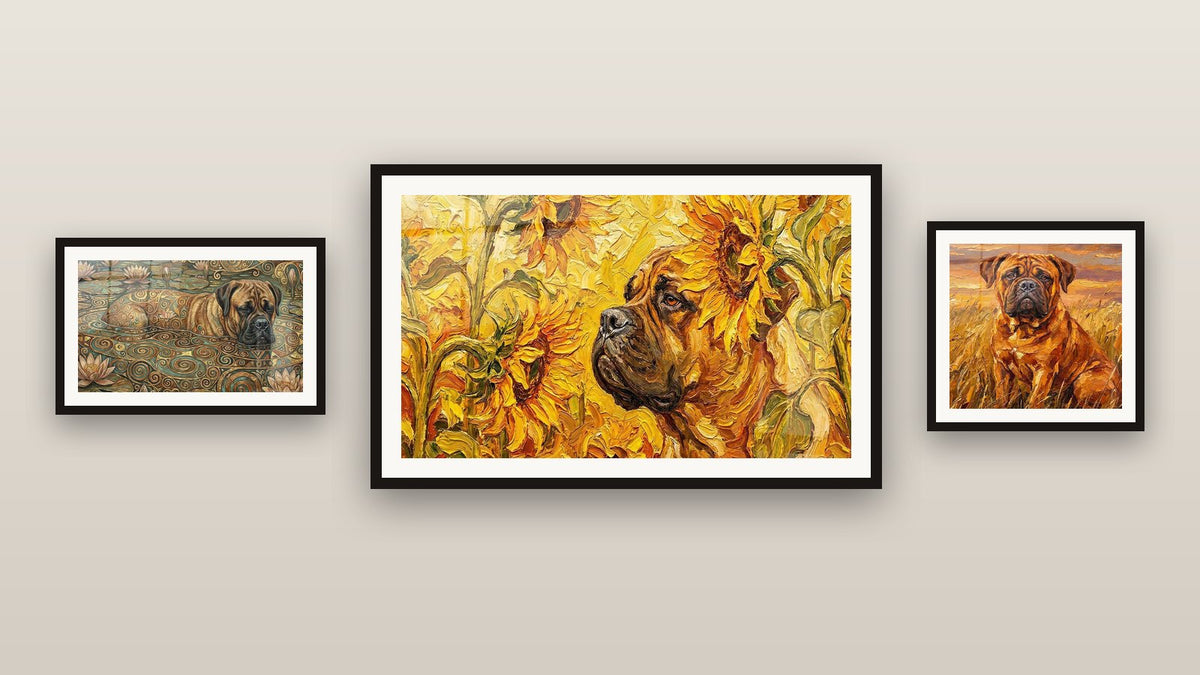Parete galleria con tre quadri incorniciati, tra cui Bullmastiff Dorato tra i Girasoli e Cane Fauve in Campo di Grano Dorato