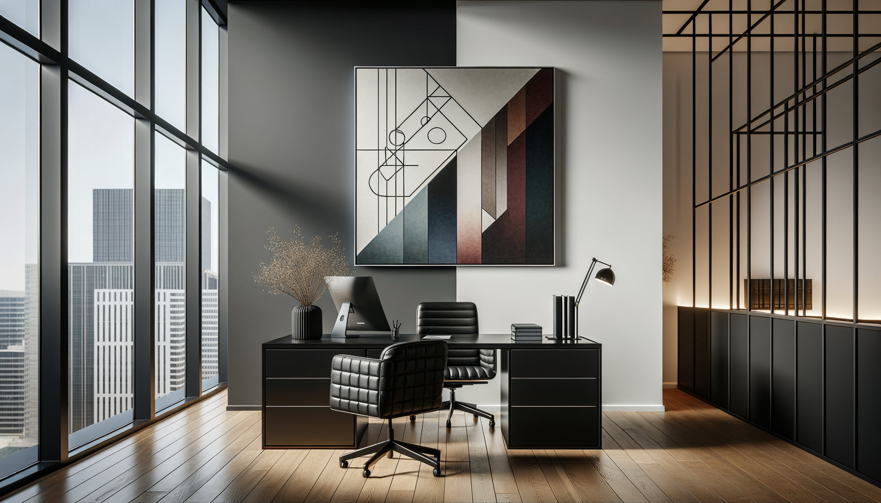 Bureau d'avocat minimaliste contemporain avec tableau abstrait monochrome noir et blanc versus œuvre multicolore aux tons subtils