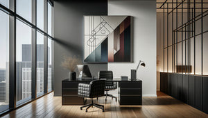 Bureau d'avocat minimaliste contemporain avec tableau abstrait monochrome noir et blanc versus œuvre multicolore aux tons subtils