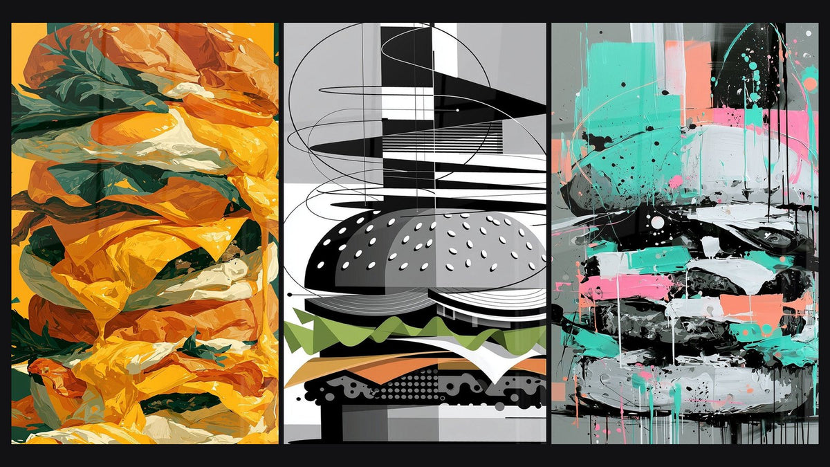 Mosaïque de trois tableaux, dont Burger géant fromage coulant doré vert et Burger graphique noir et gris futuriste