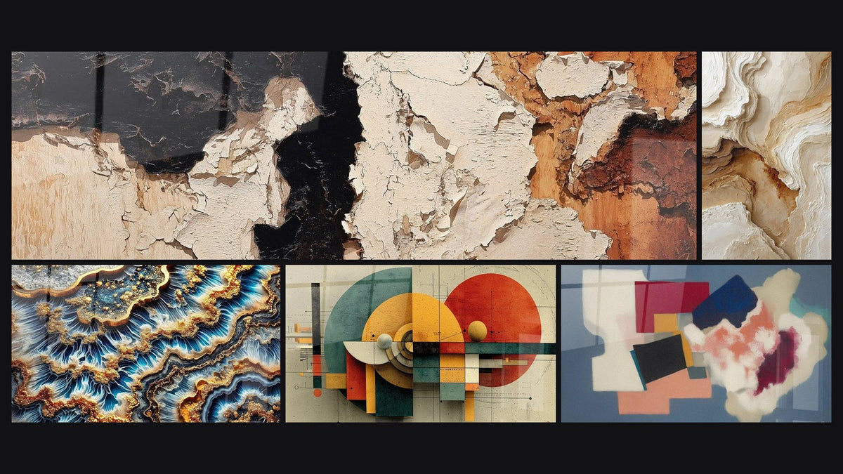 Mosaïque de cinq tableaux, dont Marée Dorée, Géométrique Révolution Circulaire et Formes géométriques poésie carrée