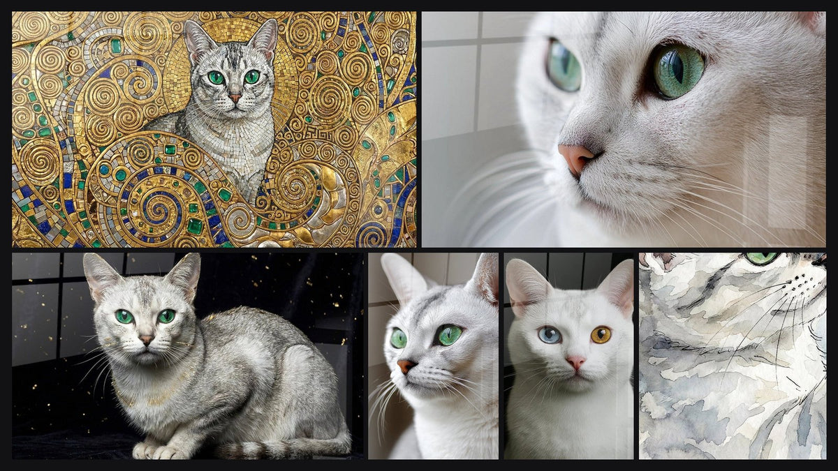 Mosaïque de six tableaux, dont Chat Burmilla Mosaïque Dorée, Chat Burmilla Yeux Verts et Chat Burmilla Majestueux