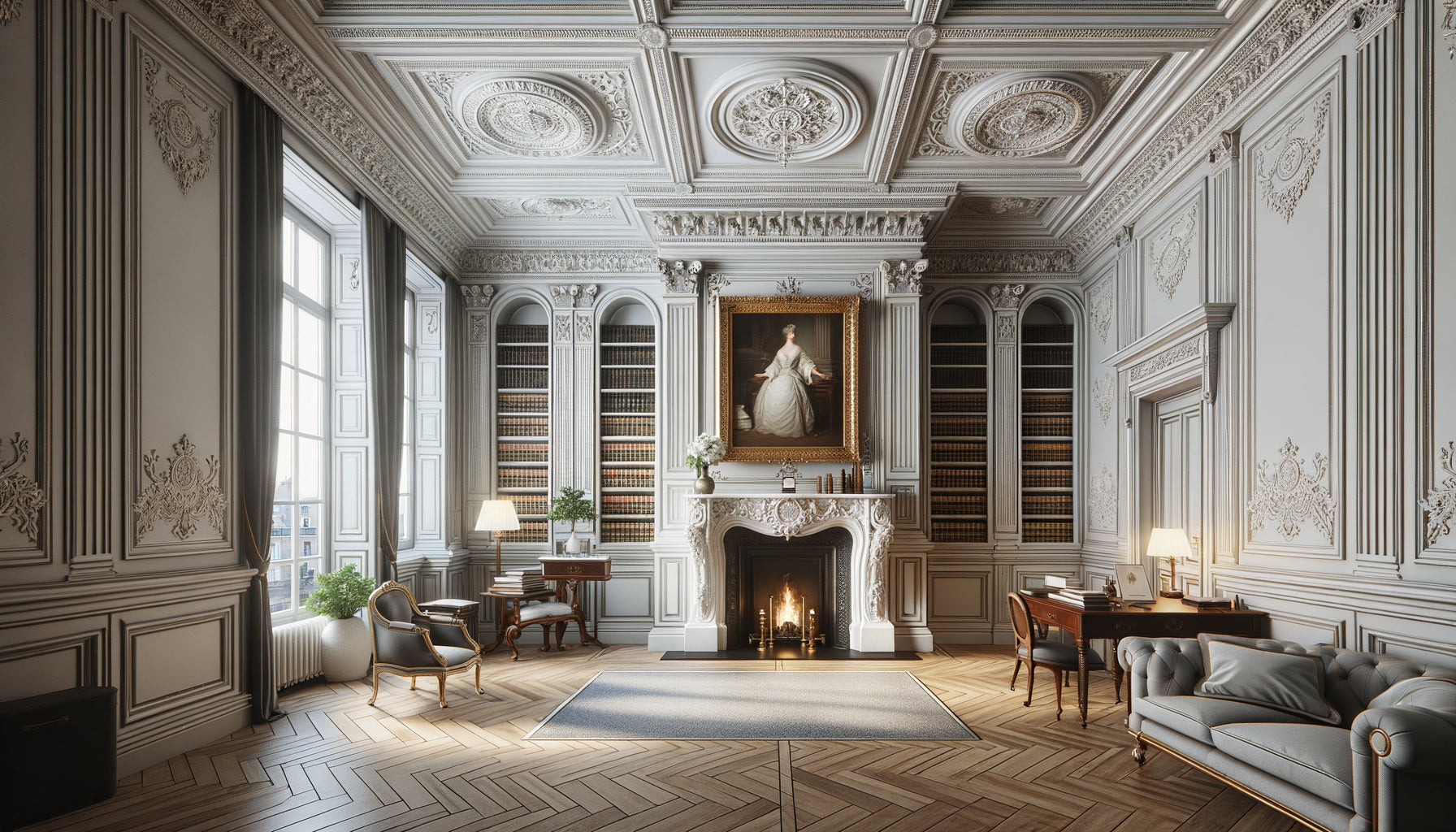 Intérieur cabinet d'avocat haussmannien avec tableau classique encadré or au-dessus cheminée marbre, moulures architecturales Second Empire