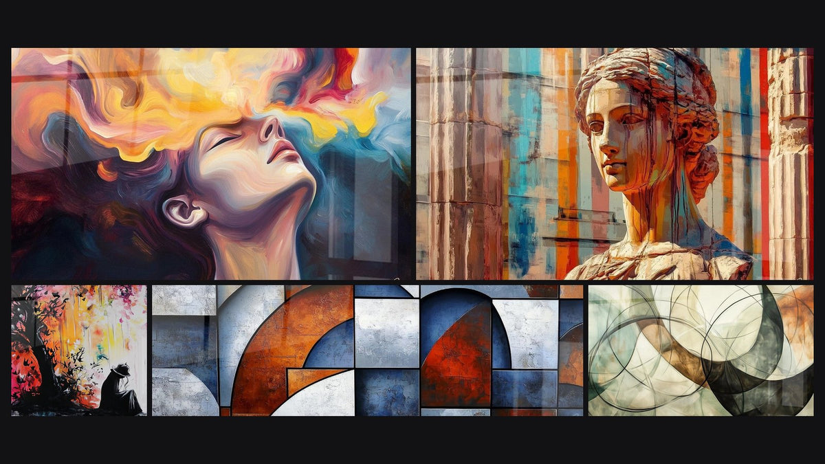 Mosaico di cinque quadri, tra cui Splendore dell'Anima e Silhouette femminile con albero colorato