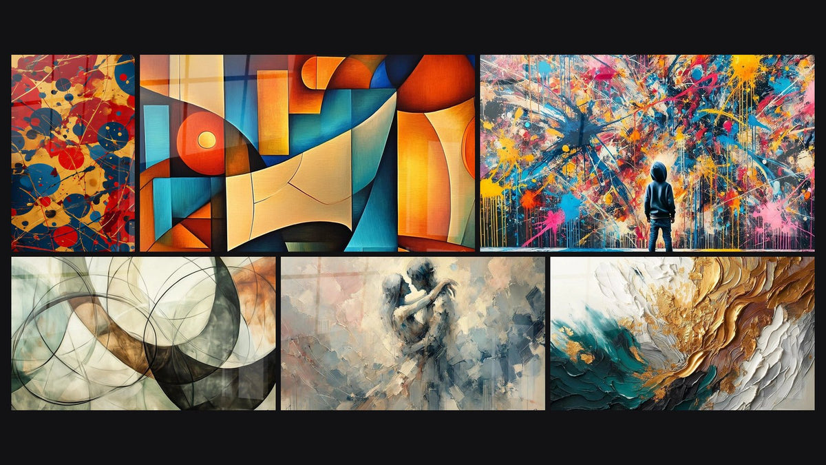 Mosaic of six paintings, including Colorful Splatter, Multicolor Cubist Composition and The Invisible Bonds