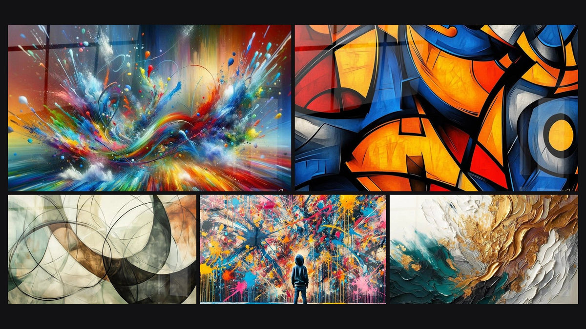 Mosaïque de cinq tableaux, dont Big Bang Artistique Éclatant, Les Liens Invisibles et Éclats de Peinture