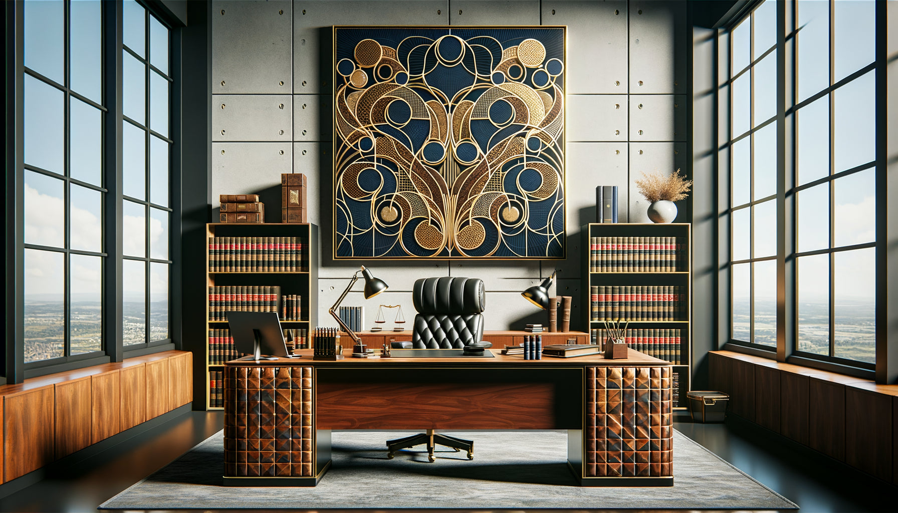 Tableau abstrait élégant aux tons bleu marine et or dans un cabinet d'avocats contemporain avec mobilier en cuir