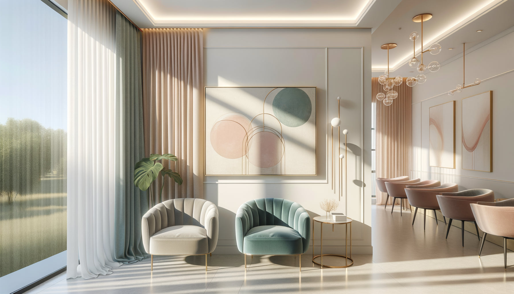 Salle d'attente moderne de cabinet de médecine esthétique avec tableau abstrait apaisant aux tons pastel