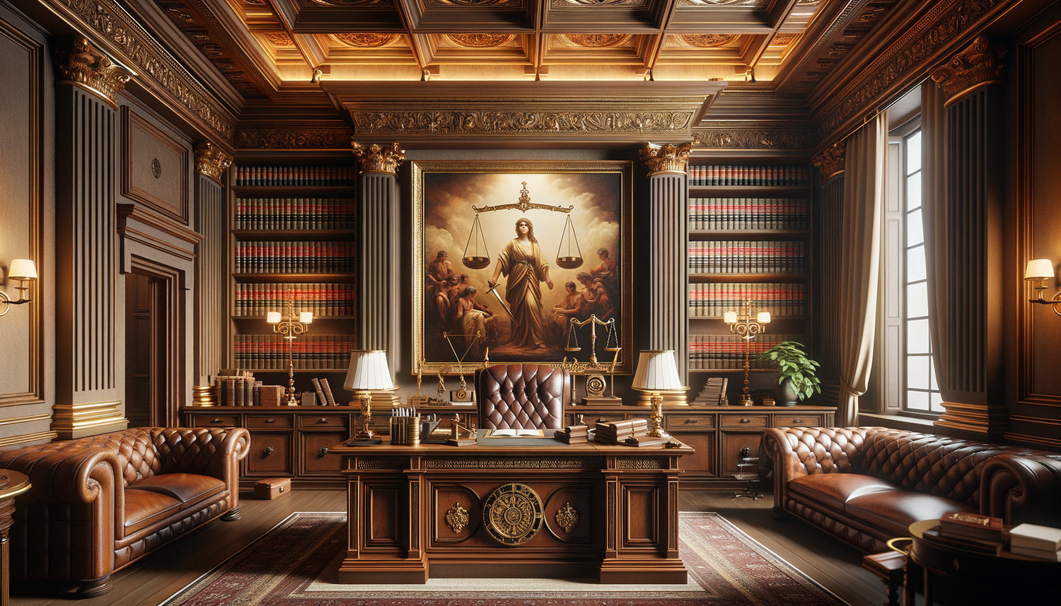 Tableau classique symbolisant l'intégrité dans un cabinet notarial prestigieux avec boiseries et mobilier traditionnel