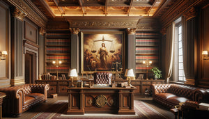 Tableau classique symbolisant l'intégrité dans un cabinet notarial prestigieux avec boiseries et mobilier traditionnel